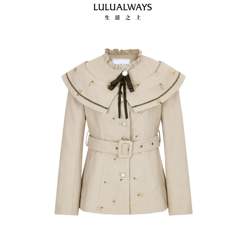 LULUALWAYS我爱露露25春季新款优雅千金名媛风收腰显瘦格子短外套 卡其色 L