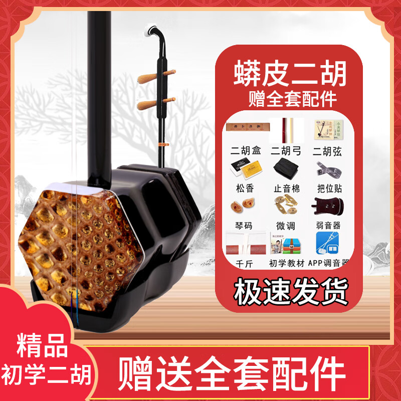 海之韻初學(xué)者蟒皮紅花梨二胡演奏六方民族樂器成人兒童通用 105初學(xué)二胡紙盒裝
