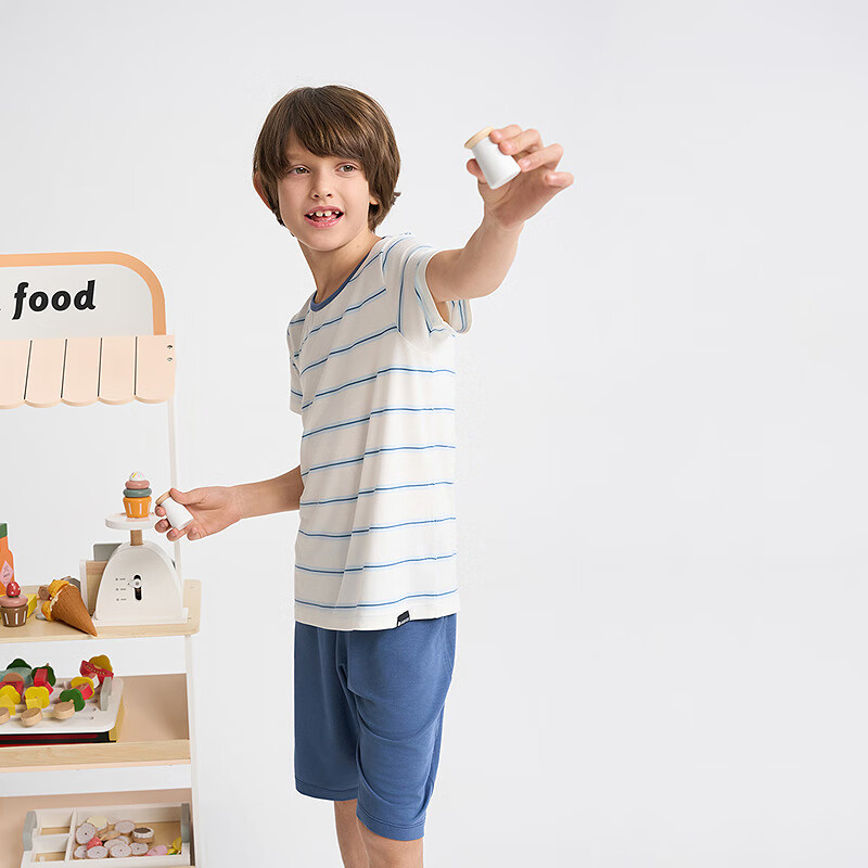 爱慕儿童春新品儿童家居服套装莫代尔男女童短袖上衣/背心五分裤睡衣t恤套 短袖套装-青蓝纹 150 (65-85斤)