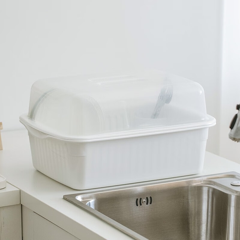 阿司倍鷺（ASVEL）日本進(jìn)口瀝水架碗碟收納架筷勺盤子水槽臺面濾水廚房置物架 白色大號有蓋款 無刀具收納砧板