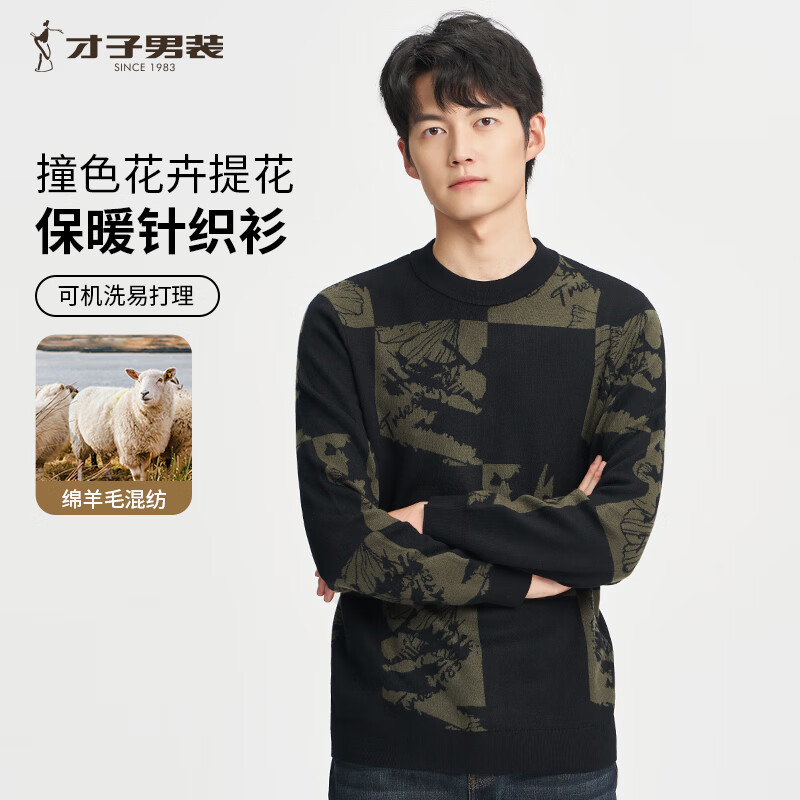才子（TRIES）圆领提花毛衣男春秋撞色针织衫男装青少年保暖毛衫上衣 黑色 3XL 54(185/100A)