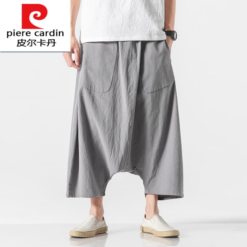 皮爾卡丹（pierre cardin）中國風(fēng)夏季棉麻休閑褲闊腿吊襠垮褲大襠飛鼠褲八分哈倫燈籠褲針織 灰色 M