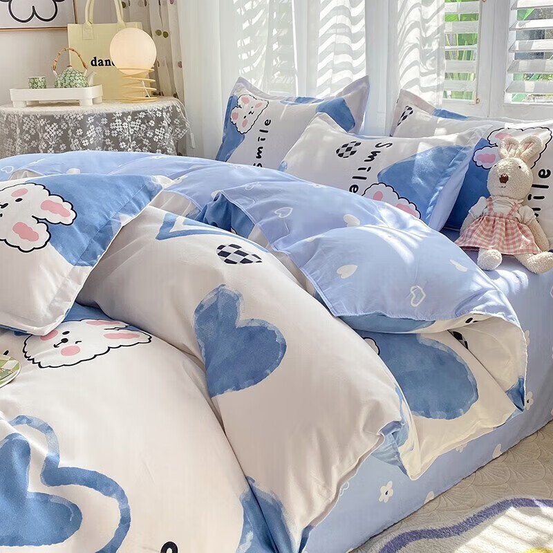 软贝 小清新四件套 透气亲肤 印花卡通简约田园套件被套床单床上用品 甜心小熊 床单款 1.2m三件套(被套150*200cm