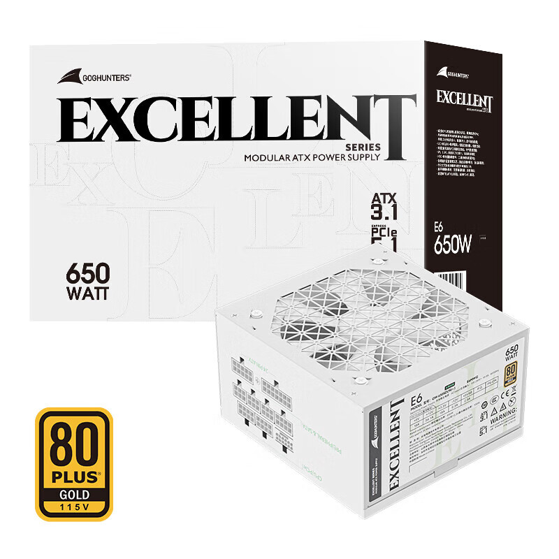 长城（Great Wall）E系列金牌全模台式机电脑电源（ATX3.1标准/PCIe5.1/全电压/单路12V/漏电监测/） E6金牌全模白色ATX3.1（额定650W）