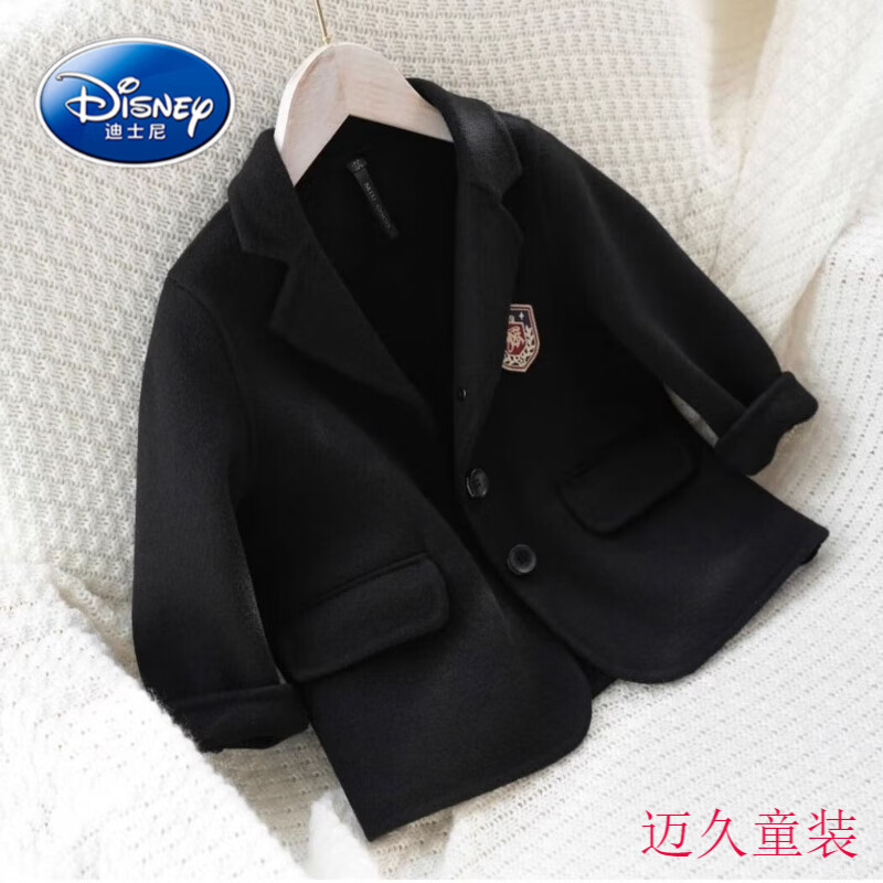 迪士尼儿童双面绒呢大衣24款短款秋冬男童女童复古加厚西装羊毛呢子外套 黑色 120