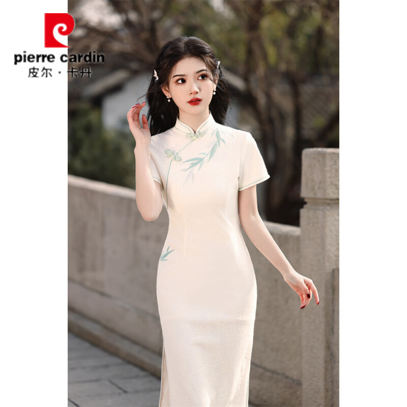 皮爾卡丹2025春夏新款復(fù)合蕾絲刺繡竹子  中長款旗袍國風(fēng)水墨畫修身女旗袍 610 米白色 S