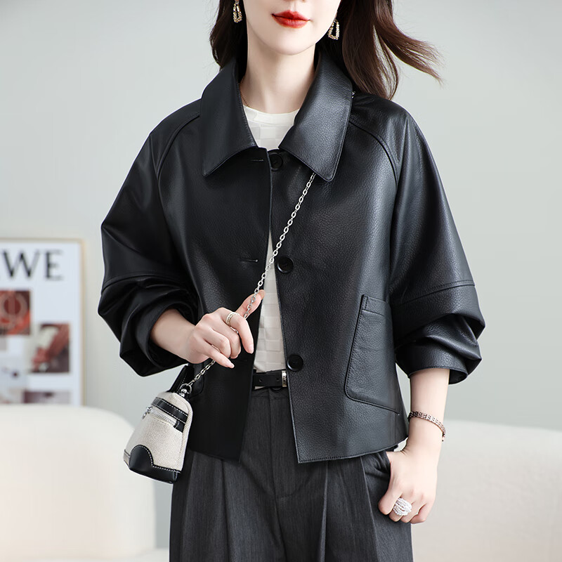 CamalgOri海寧頭層真皮皮衣女綿羊皮2025春秋新款美拉德大碼泡皮夾克短款女 黑色 M110-125斤左右 均碼