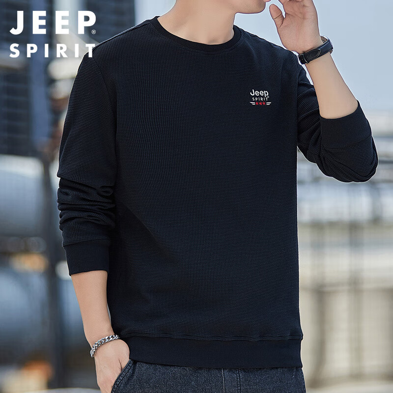 JEEP SPIRIT吉普卫衣男春秋季圆领男士长袖t恤宽松华夫格打底衫 黑色 XL 