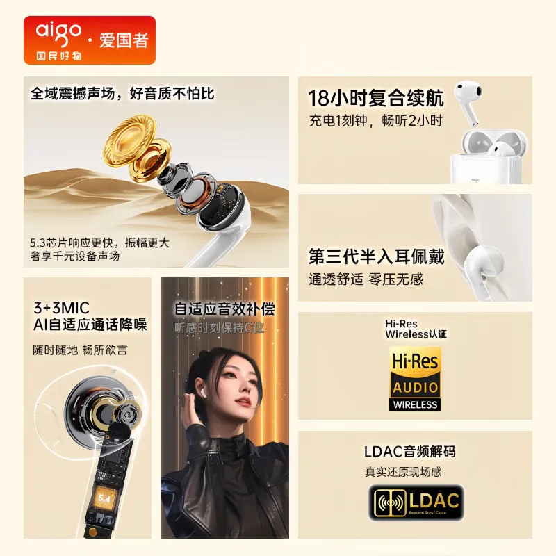 爱国者(aigo)【2025新款|柏林之音】真无线蓝牙耳机半入耳式 蓝牙5.4低延迟HIFI级音质降噪通话手机电脑通用 半入耳|醇厚低音|高清通话-白色