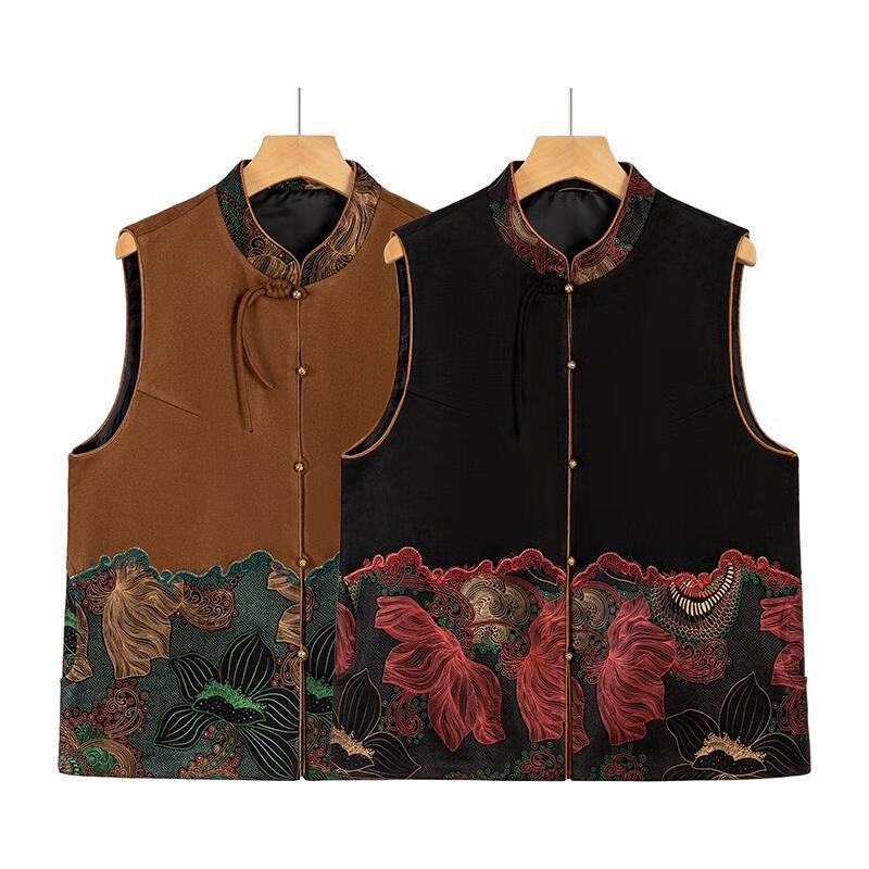 漫花格中老年女春装马甲奶奶新中式金丝绒背心老太太复古唐装立领上衣薄 咖色上衣 2XL 建议100-115斤