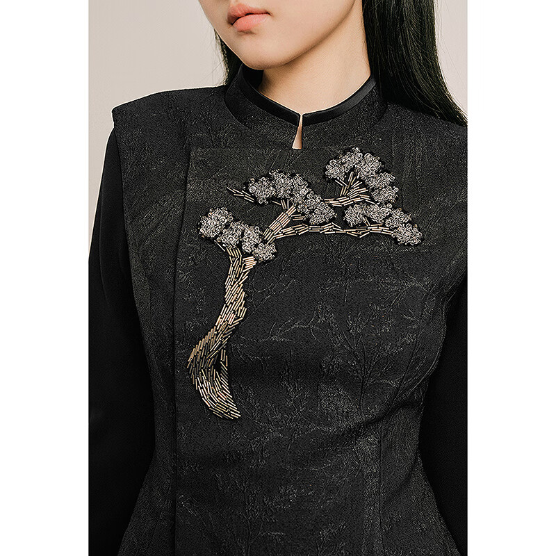 OBBLIGATO奥丽嘉朵2025春季新品圆领袖口微喇鱼尾下摆收腰连衣裙 黑色连衣裙 M