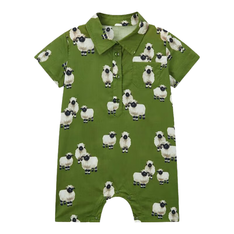 Milkbarn2025春夏新品嬰兒襯衫連體衣服寶寶短袖短褲哈衣純棉爬服 黑臉小羊羔 90cm (18-24月-參考身高80-90cm)