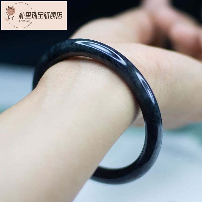 山头林村黑白翡翠乌鸡手镯冰糯种缅甸玉石镯子水墨国风叮当女小细圆