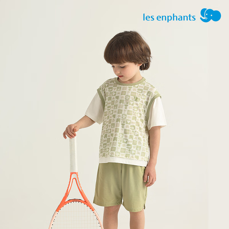 丽婴房儿童运动短袖套装印花速干假两件短袖中裤套装儿童套装 三色堇紫 110 cm