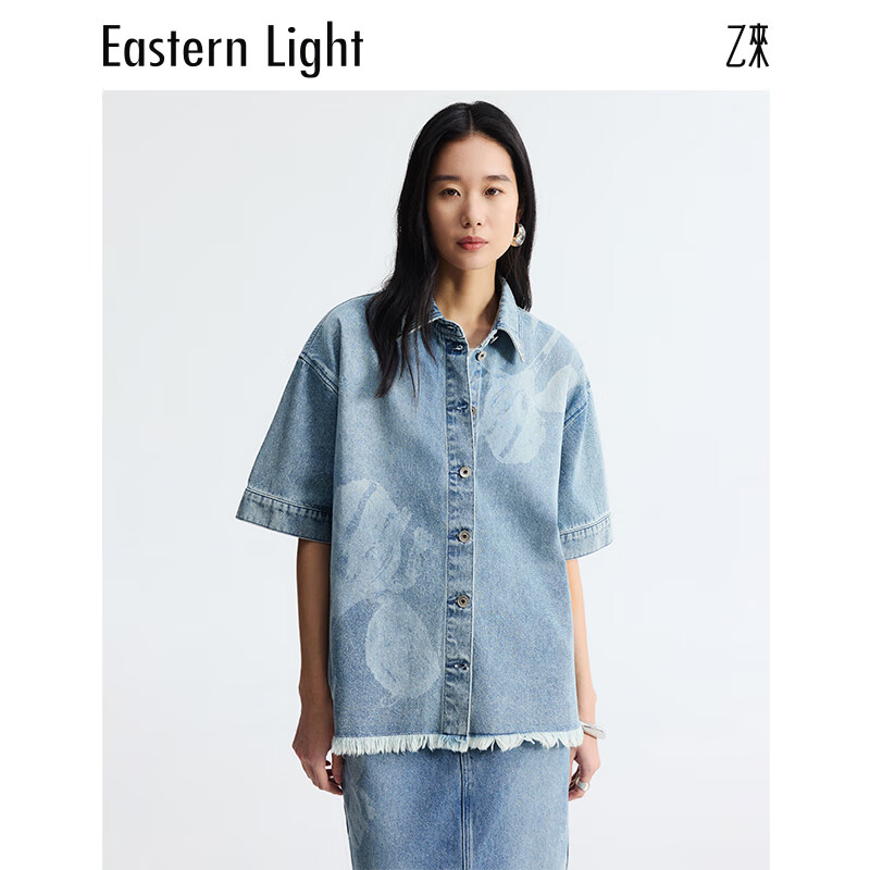 乙来（EASTERN LIGHT）【土耳其纯棉斜纹牛仔】鸢尾水洗牛仔衬衫短袖外套套装 水洗蓝-上衣 S