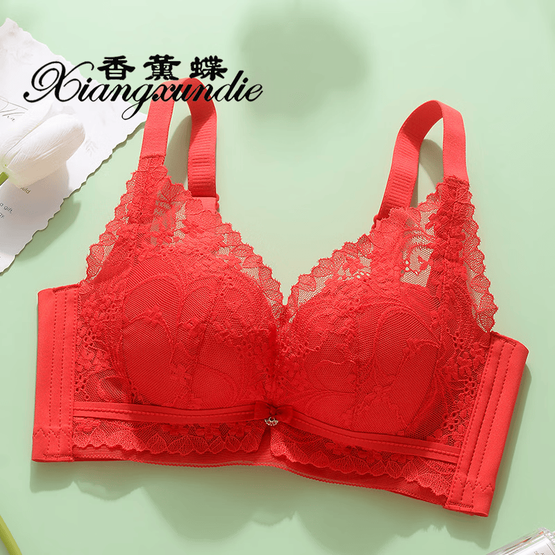 香薰蝶-防掉肩带2158G中厚小胸聚拢无磁文胸无钢圈文胸蕾丝女士内衣女 大红 90B (40) 防掉肩带