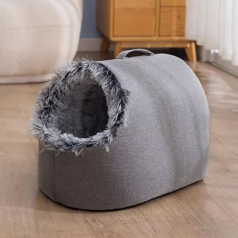 布鲁仕毛绒绒冬天保暖猫窝珊瑚封闭式猫窝手提暖脚冬季宠物窝外出防寒 浅灰色 L-大型【建议15斤内】