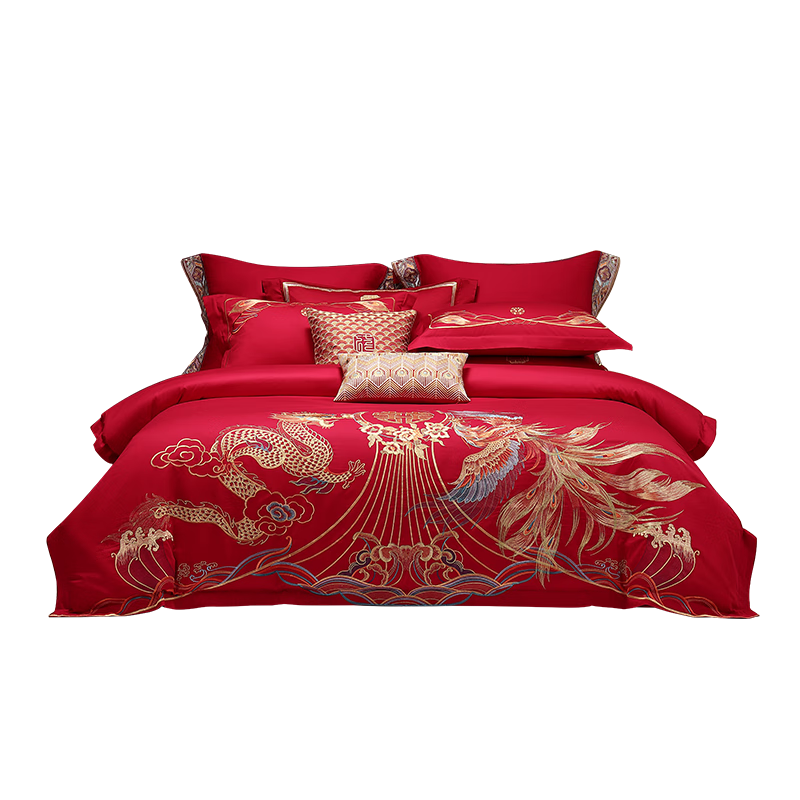 水星家纺结婚床上四件套纯棉100%红色婚庆床单被套新婚礼物龙凤1.8m家居馆