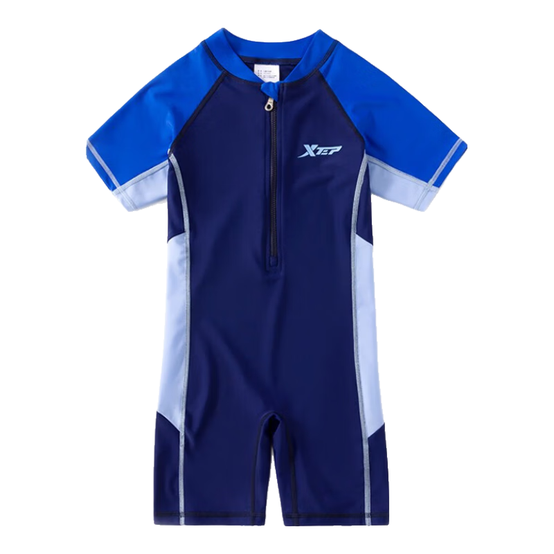 特步儿童泳衣男童中大童连体游泳衣宝宝泳裤套装男孩长袖保暖泳装 藏青短款三件套【泳衣+强力防水硅胶帽+泳镜】 2XL (建议高130-140CM 重53-68斤）