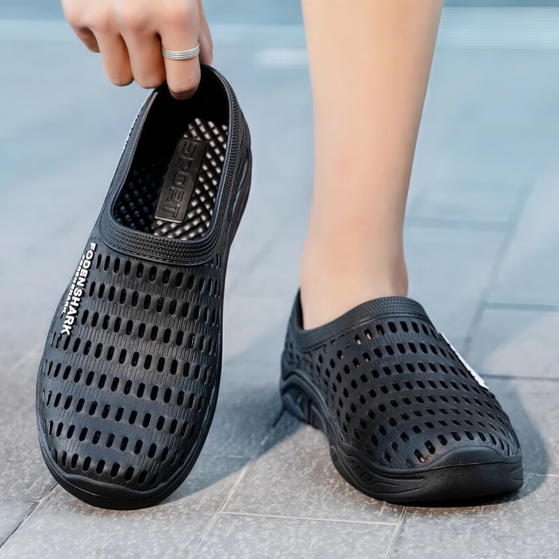 回力君新款男士外穿凉鞋男防滑耐磨工作鞋休闲沙滩鞋透气舒适洞洞鞋男款 黑色 39 (正码正拍)标准码正码正