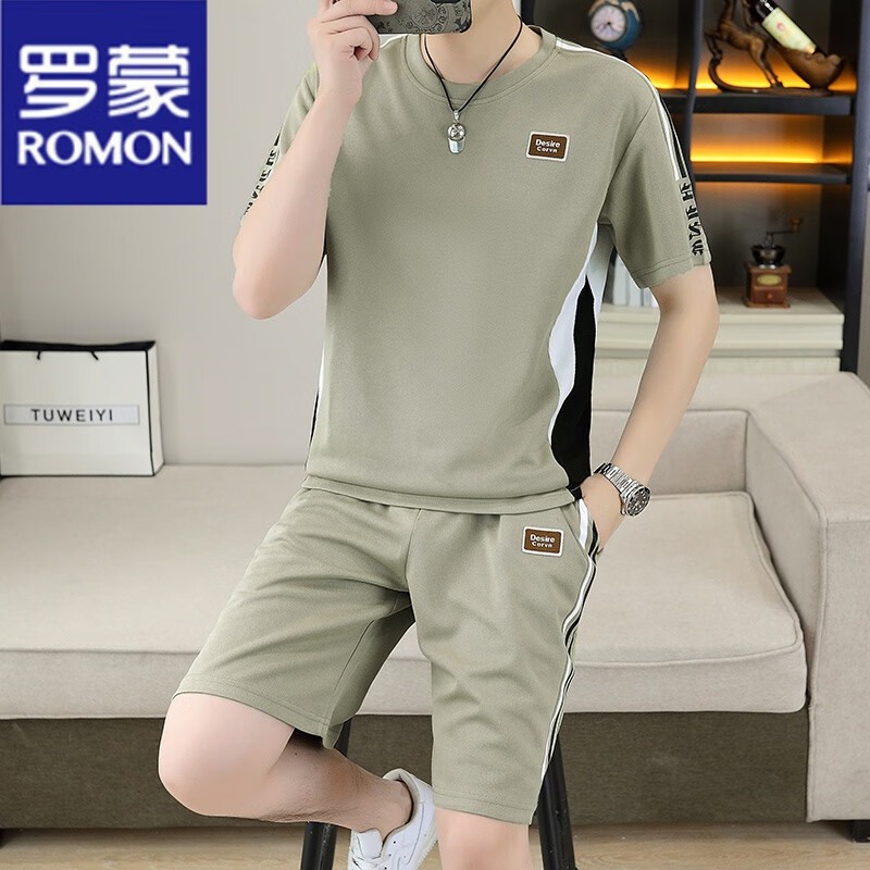 羅蒙（ROMON）休閑套裝男士夏季跑步運(yùn)動(dòng)短袖短褲兩件套中青年一套衣服酷帥穿搭 23665套裝-淺綠色 XL (約115~135斤可穿)