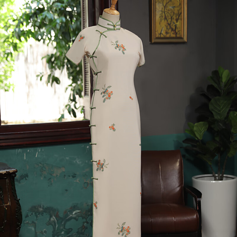 米色 民国风旗袍无省修身一片式古法平裁全开襟手工盘扣年轻 预售