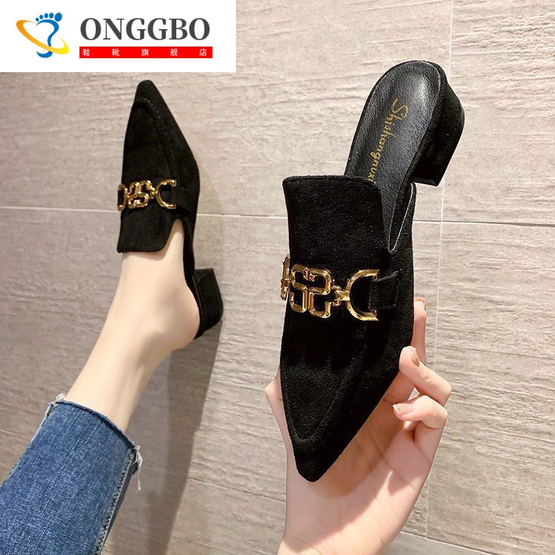 onggboy 特价捡漏包头半拖鞋女夏韩版百搭尖头粗跟低跟时尚外穿穆勒凉