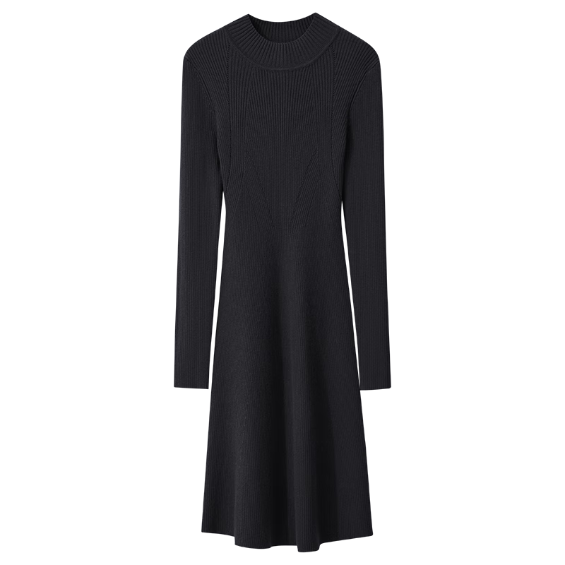 AMII女裝2025冬季通勤百搭半高領(lǐng)修身顯瘦連衣裙女中裙長(zhǎng)袖針 黑色 XL 170/92A