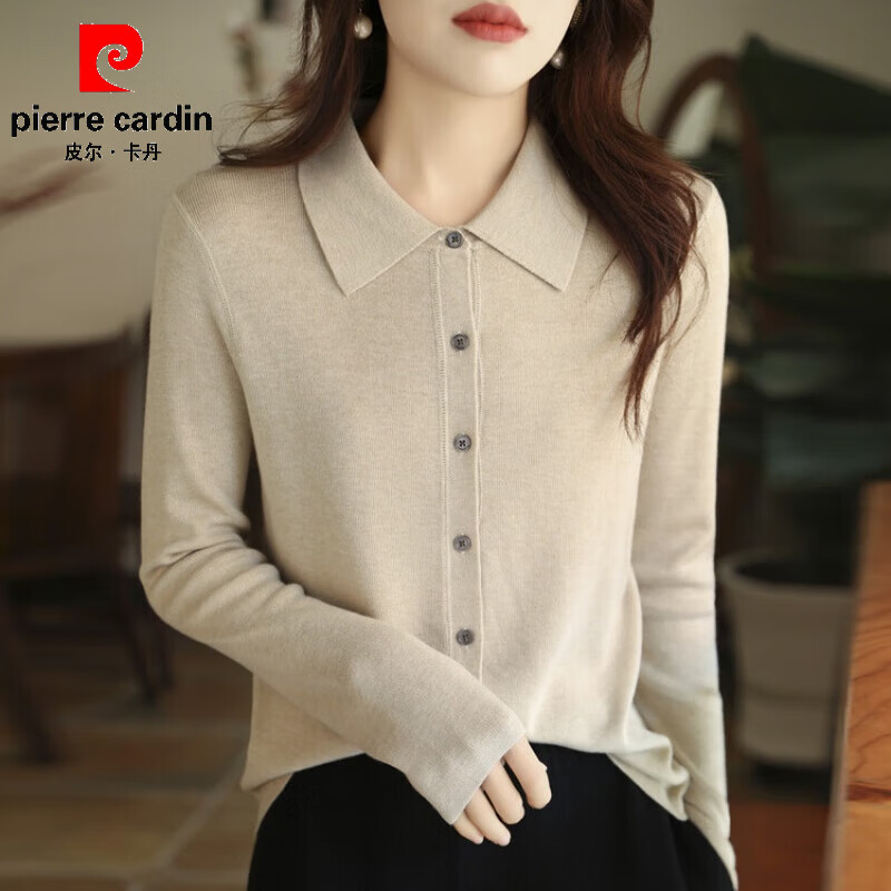皮爾卡丹（pierre cardin）精紡針織衫春秋POLO領(lǐng)薄款女寬松外搭毛衣打底純色上衣襯衣領(lǐng)開衫 米色 XL 175