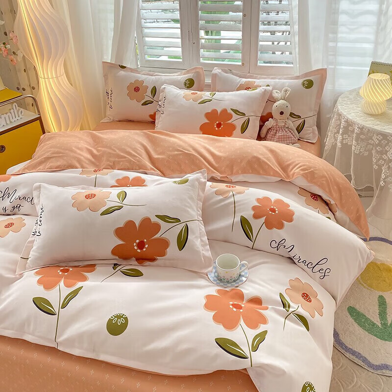 软贝 小清新四件套 透气亲肤 印花卡通简约田园套件被套床单床上用品 春晓 床单款 1.2m三件套(被套150*200cm