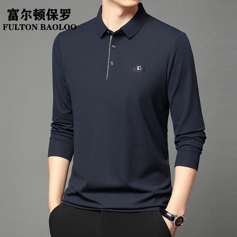 FULTON BAOLOO 富尔顿保罗长袖t恤男士2025春秋季翻领体恤无痕商务休闲宽松POLO衫打底衫潮 藏青 L (170) (建议120到140斤穿)