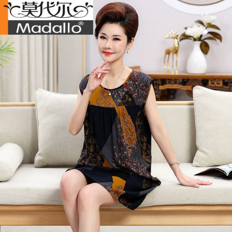 莫代爾中老年睡裙女夏季棉綢背心媽媽可外穿無(wú)袖家居服夏天薄款加肥加大 1112黃中帶黑 2XL 建議140-160斤穿