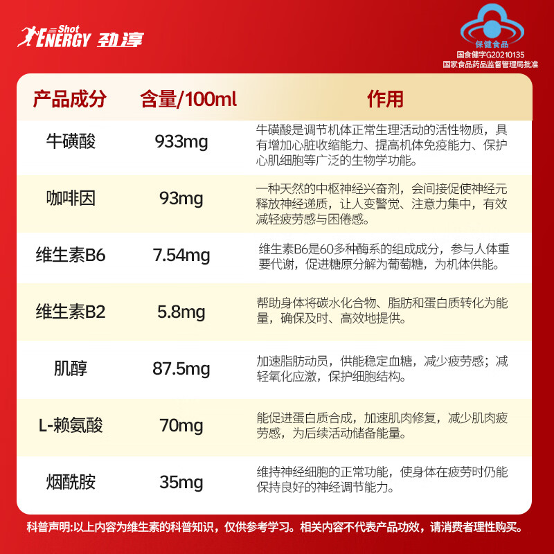劲淳能量弹牛磺酸维生素功能饮料提神抗疲劳保健饮品经典红60ml*6瓶