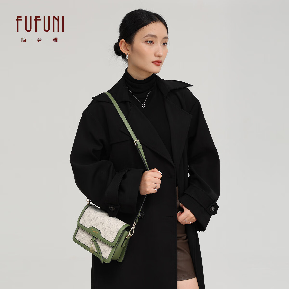 FUFUNI弗芙妮国庆出行包现货速发2025新款时尚老花小方包女包包单肩包女斜挎包 筠绿-赠精美挂饰