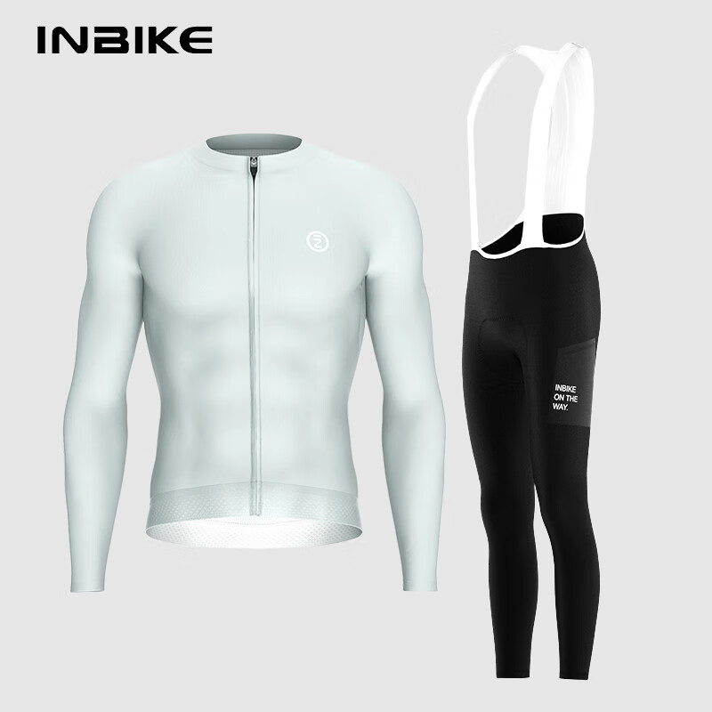 INBIKE春夏季骑行服男上衣透气长袖长裤套装速干公路车山地自行车装备 长袖浅淡绿+影冀背带长裤 睿力 2XL
