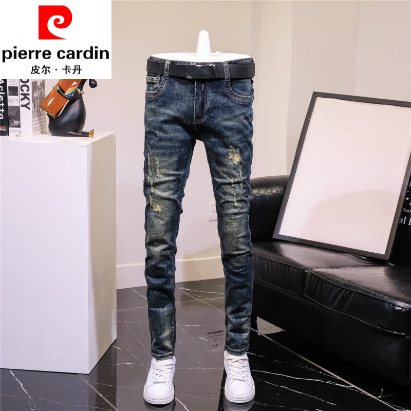 皮爾卡丹（pierre cardin）男士復(fù)古2024年牛仔褲男修身小腳韓版潮流破洞百搭男褲子春秋 復(fù)古藍(lán) 36 適合160至180斤