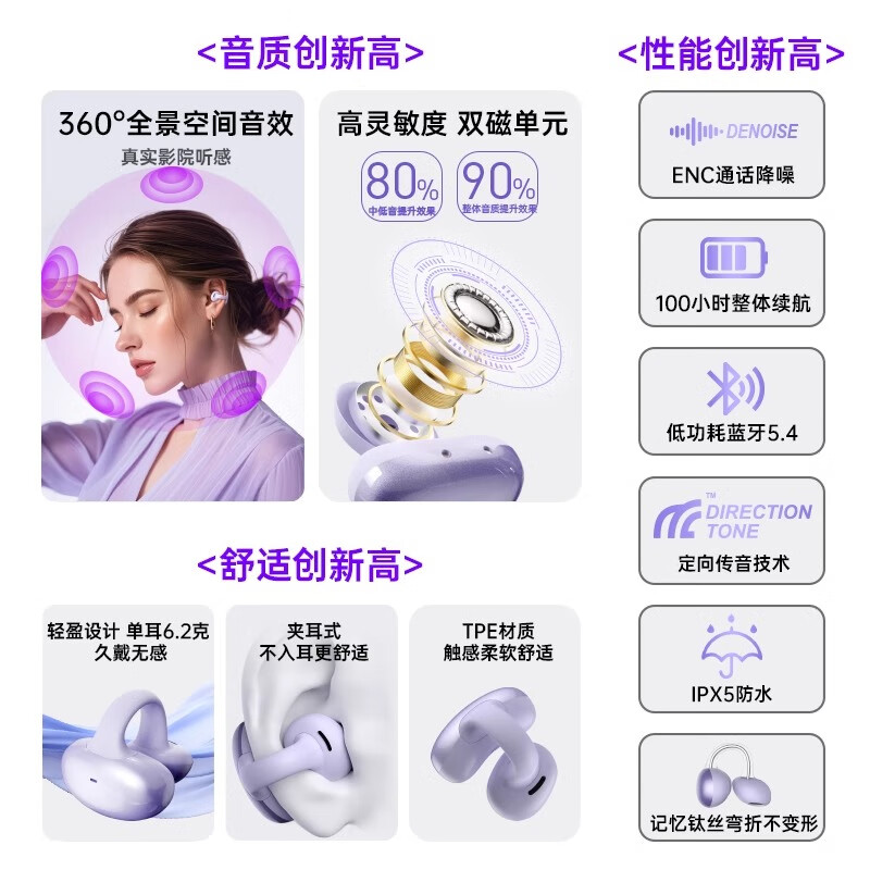 HILEO嗨乐优hi85蓝牙耳机无线耳夹耳机不入耳ai降噪超长续航无线耳机hi82 【京仓发货】紫色【狂甩不掉】