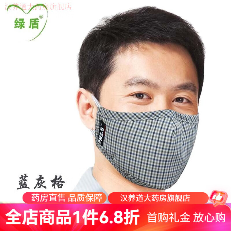 綠盾口罩綠盾口罩pm2.5防霧霾透氣純棉防塵煙防護可洗男女熔噴布濾片 F-藍灰格 春夏 成人均碼
