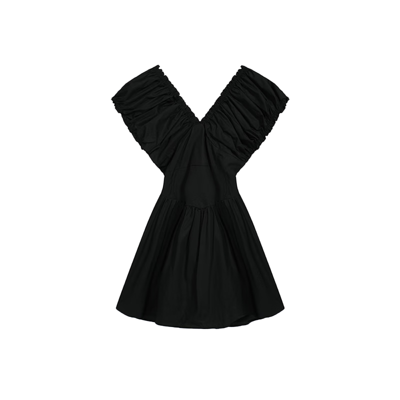 西遇黑色法式v领连衣裙女2025年春季新款茶歇泡泡袖a字收腰裙子 黑色 S (155)