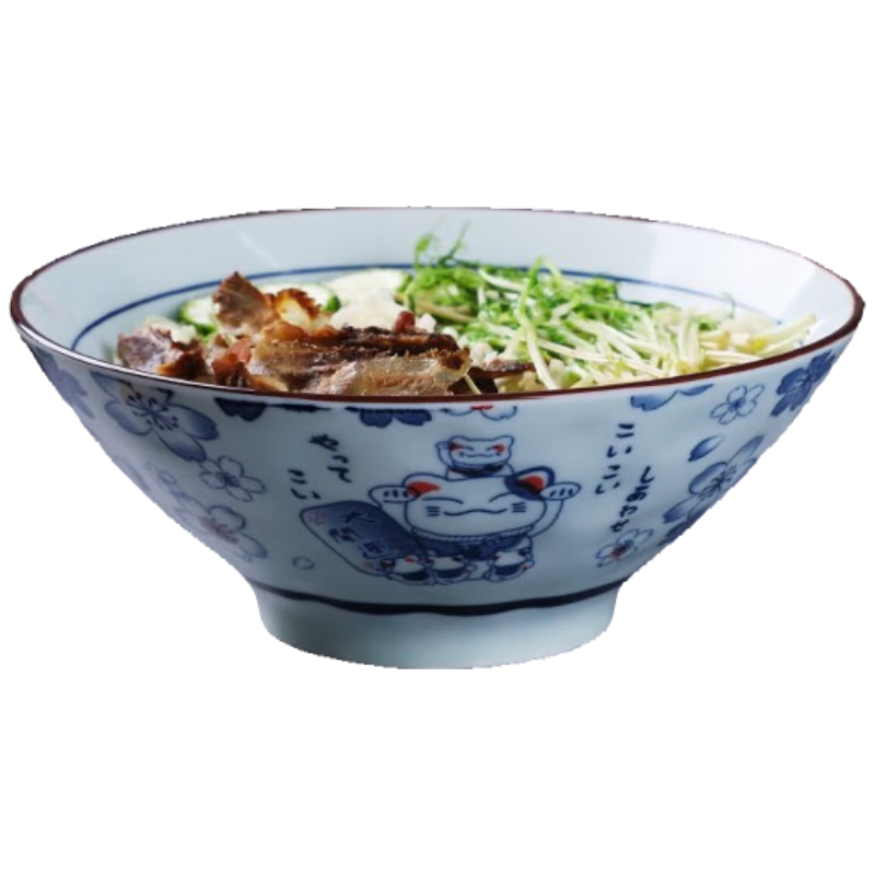 傳旗釉下彩面碗斗笠碗7.5英寸陶瓷大碗湯碗拉面碗泡面碗陶瓷碗招財貓