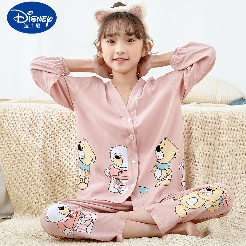 迪士尼（DISNEY）兒童睡衣夏季薄款中大女童開衫棉綢長(zhǎng)袖空調(diào)服女孩夏天綿綢家居服 新品定位粉小熊 90 建議身高80-90厘米