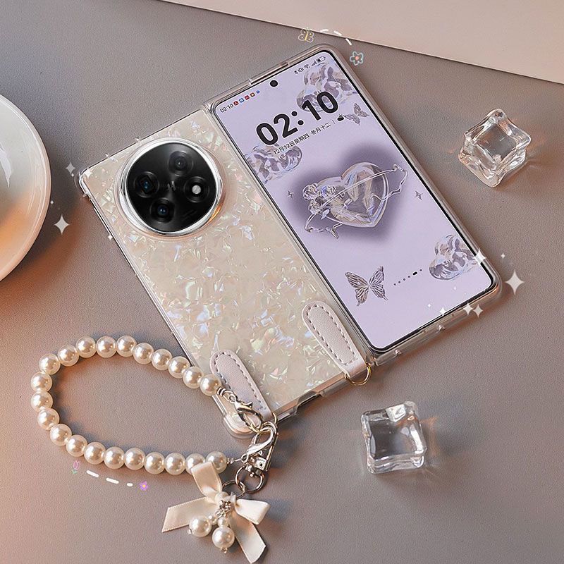 适用华为MateX6手机壳贝壳纹mateX5高级定制x3典藏版后壳前框超薄 彩白贝壳纹+蝴蝶结挂件+手链 华为 Mate X6典藏版