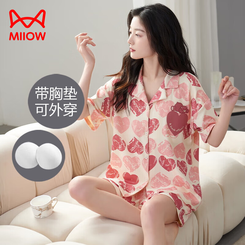 猫人睡衣女纯棉夏季薄款带胸垫短袖短裤全棉休闲可外穿家居服套装开衫 粉红爱心 M 【建议80-100斤】