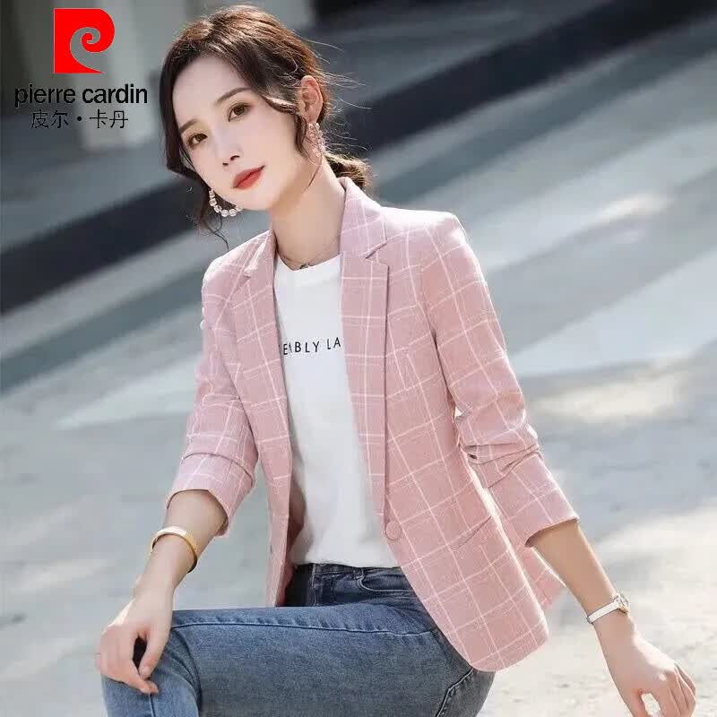 皮尔卡丹（pierre cardin）2026春秋装新款韩版短款修身百搭长袖西服格子小西装外套女上衣女 灰色格 3XL 【建议140-165斤】