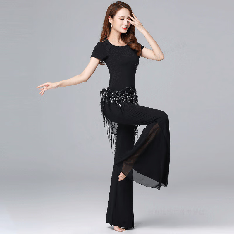 京濮飛肚皮舞服裝女形體訓(xùn)練套裝喇叭褲東方舞練功服肚皮舞演出服夏 黑色(上衣+褲子) M