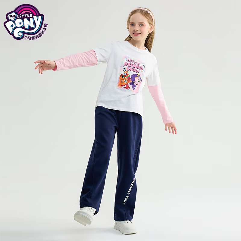 小马宝莉儿童长袖t恤2025春新款中大童打底衫女孩外穿假两件洋气圆领上衣 白色 160