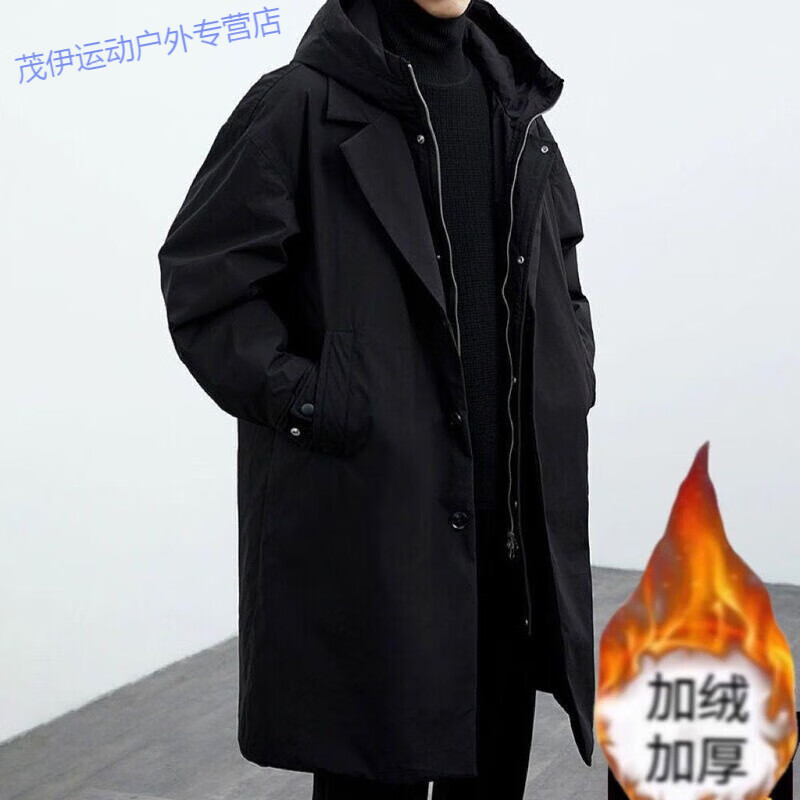 奥万森aowansen2024秋冬男士韩版大衣男装外假两件连帽中长款风衣派 黑加厚保暖 M
