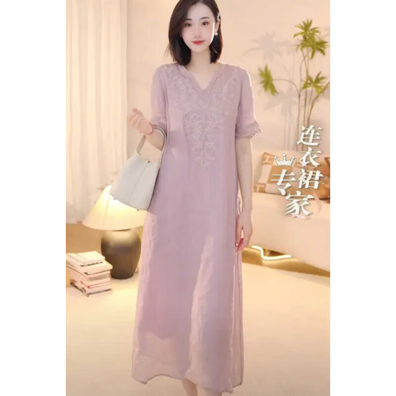 夏典素订女王（SE.PSTP）新中式国风刺绣苎麻连衣裙女2025夏季新款气质宽松休闲亚麻长裙子 浅紫色 XL (建议131-150斤)