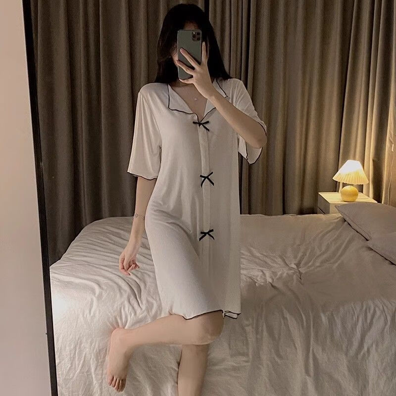 GEEZORO短袖睡裙女士夏季莫代尔2025新款网红风夏天小清新家居服冰丝睡衣 白色 M 80-100斤