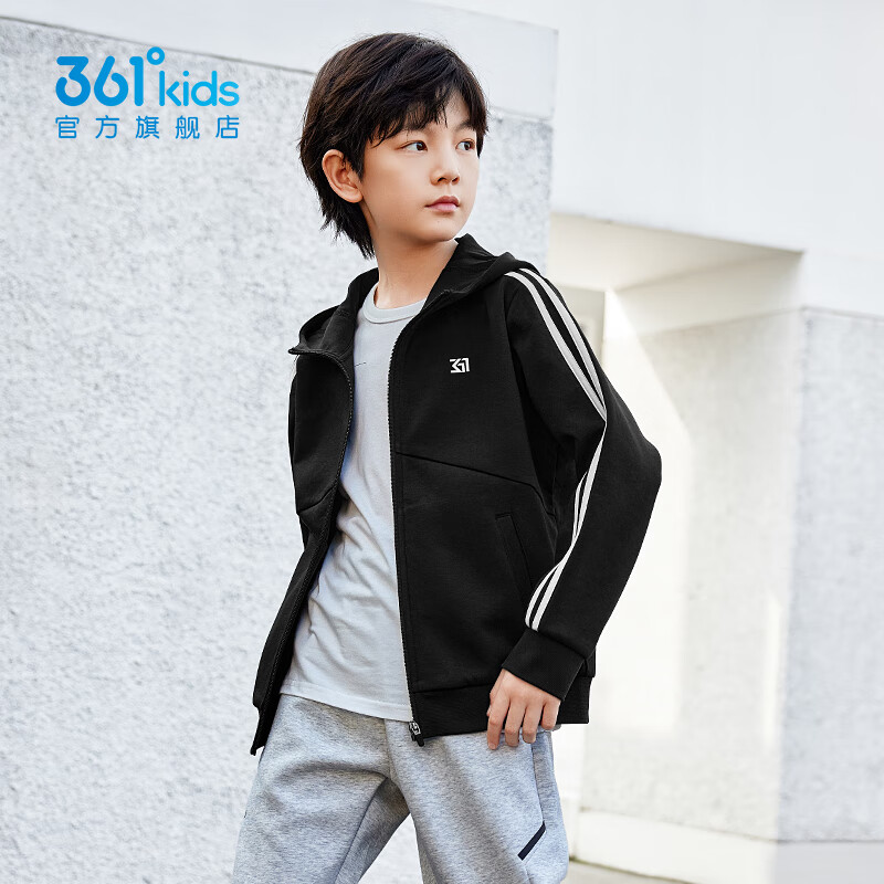 361°童装男童连帽针织外套年春季新款中大童运动外套时尚简约上衣 经典黑B 150